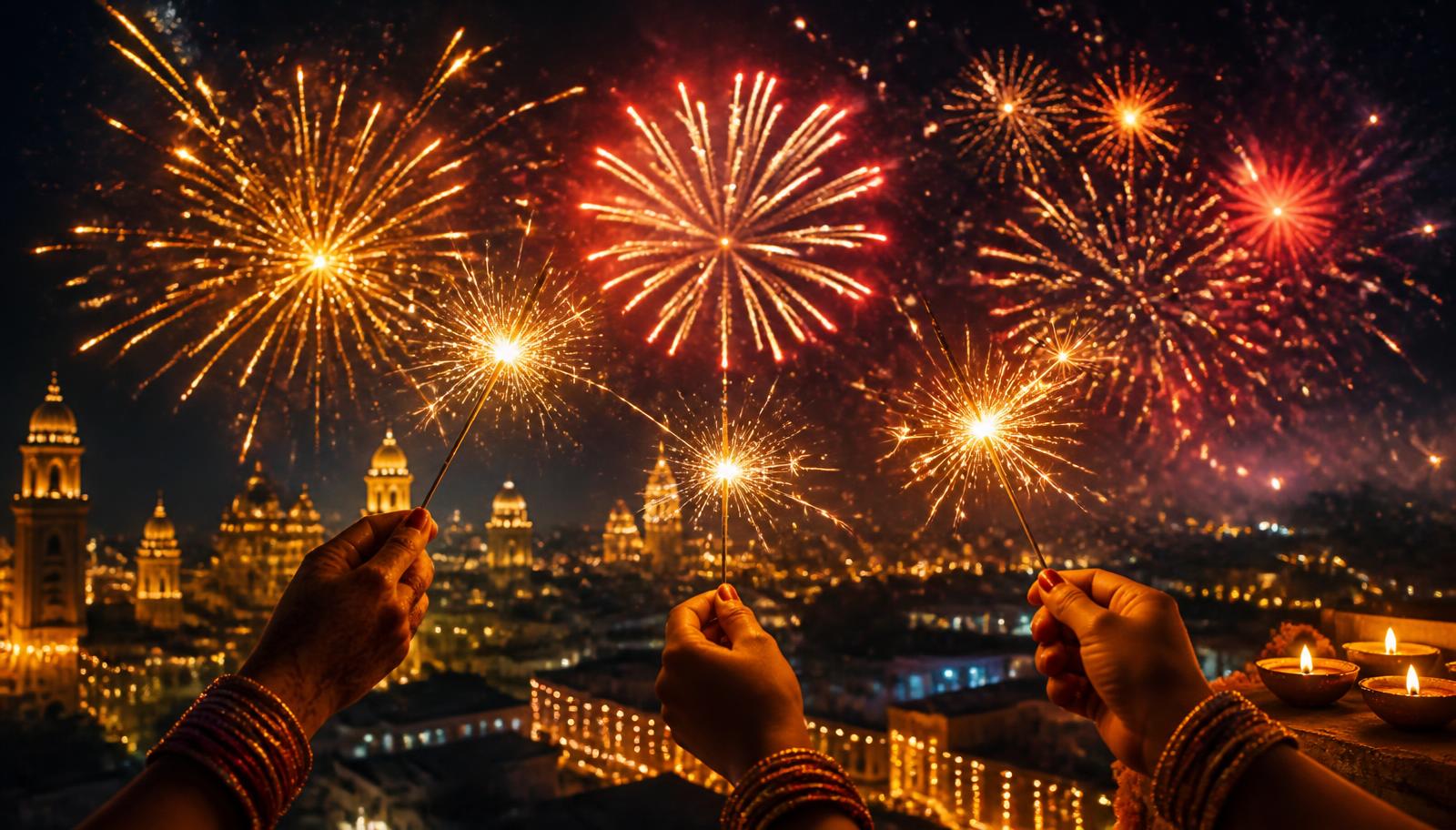 Fireworks and sparklers lighting up a Diwali night sky